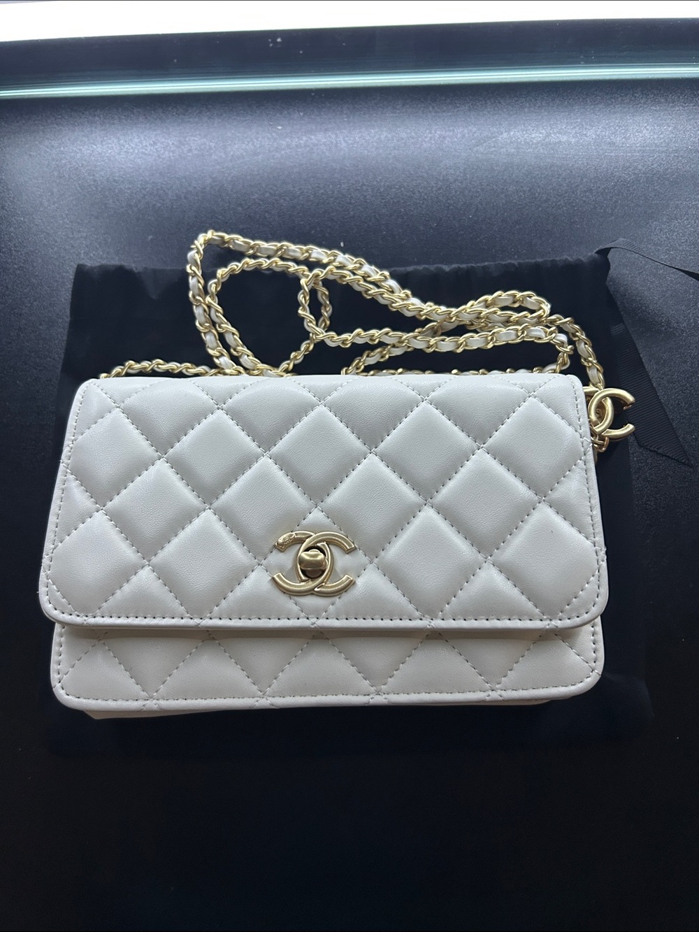 CHANEL White Quilted Leather Crossbody with Gold Chain